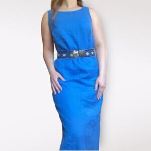 Casual Corner Blue‎ Linen Maxi Dress Size 6 Vintage Classic Coastal Boho Minimal
